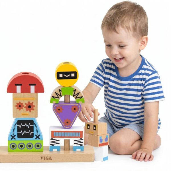 VIGA Drewniana Układanka Montessori Roboty Piramidka Klocki Edukacyjne 8el