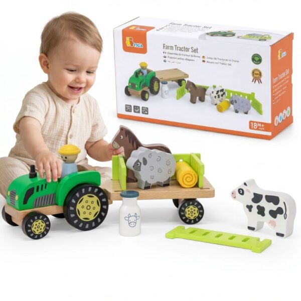 Viga Drewniany Traktor z Przyczepą Figurki Zwierząt Farma Zestaw Edukacyjny