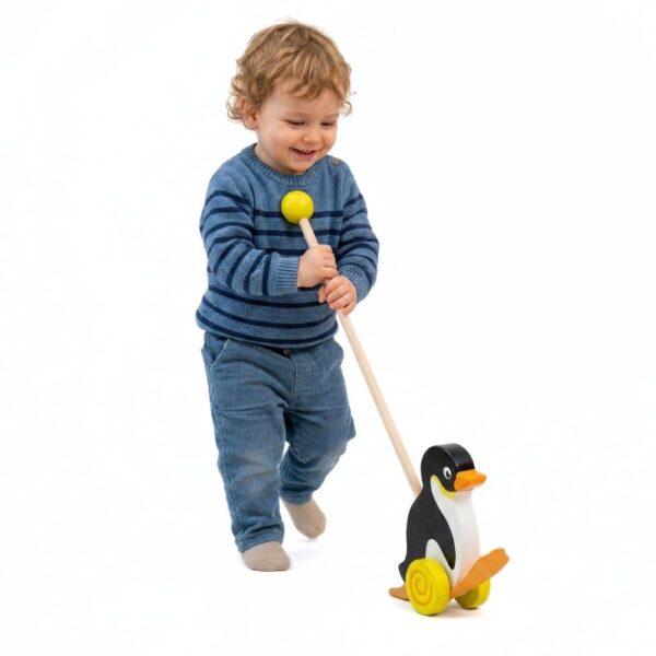 VIGA TOYS Drewniany Pchacz Pingwin Zabawka na Kiju do Pchania na Roczek